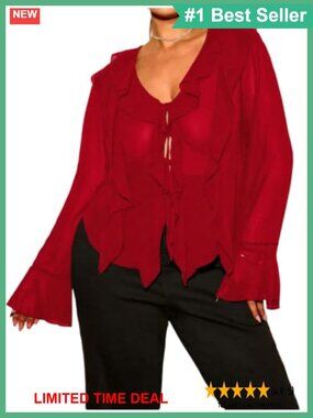 Plus Size Ruffle Chiffon Blouse Tie Front Flare Long Sleeve Top